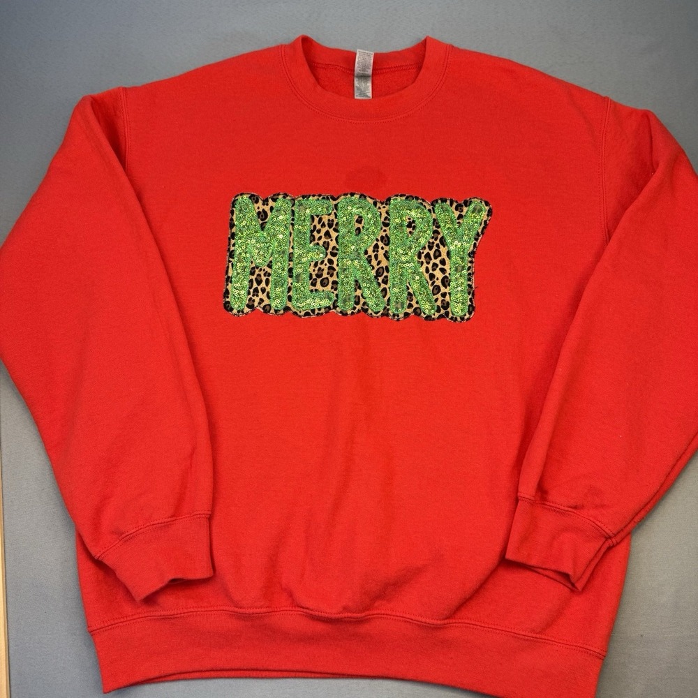 Gildan Red Cheetah Print "Merry" Sequined Holiday Christmas Sweatshirt Medium M